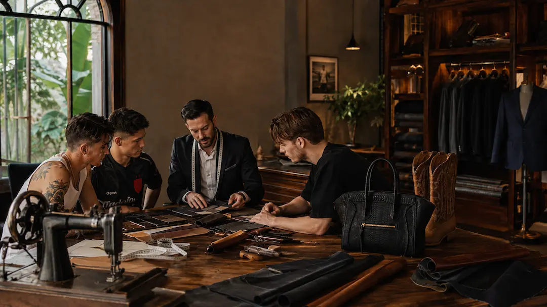 An artisan working on leather in the HK Leather & Tailor workshop