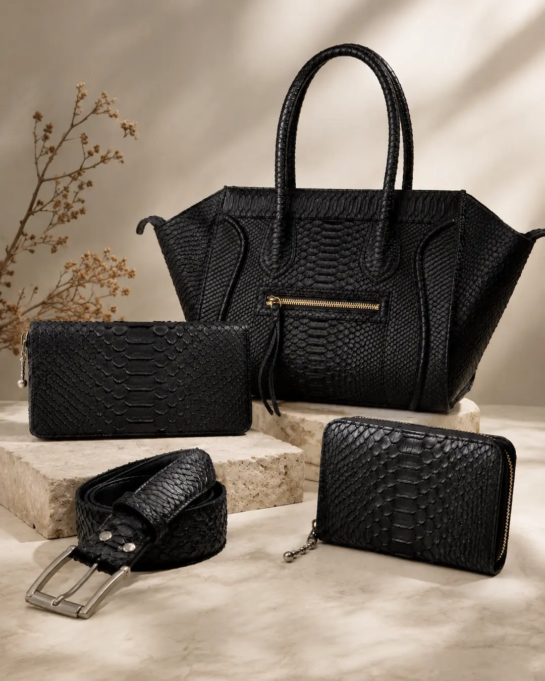 Black exotic leather bags and accessories