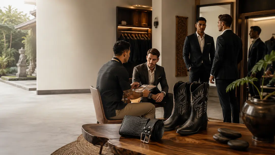A tailor fitting a custom suit for a customer at HK Leather & Tailor in Bali