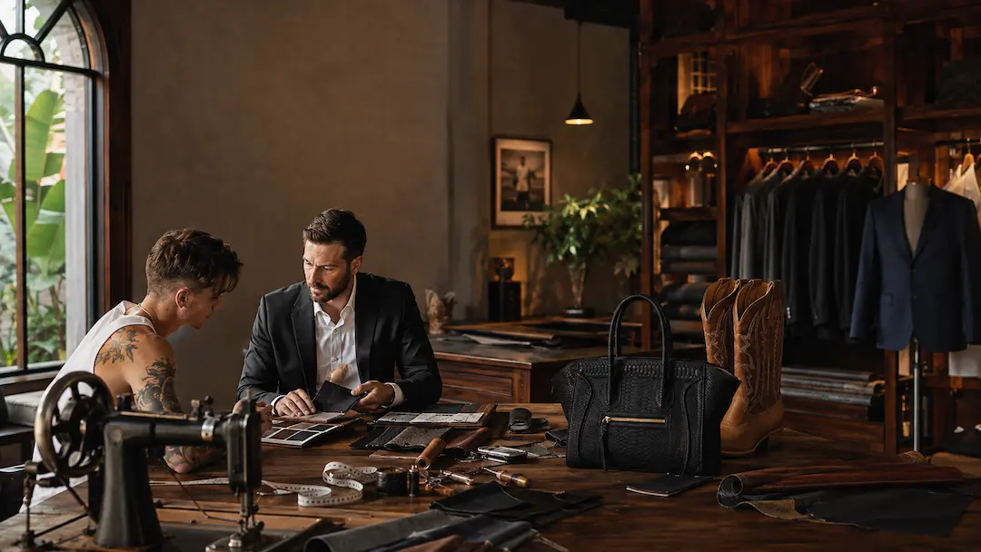 A consultation taking place in the HK Leather & Tailor leather workshop